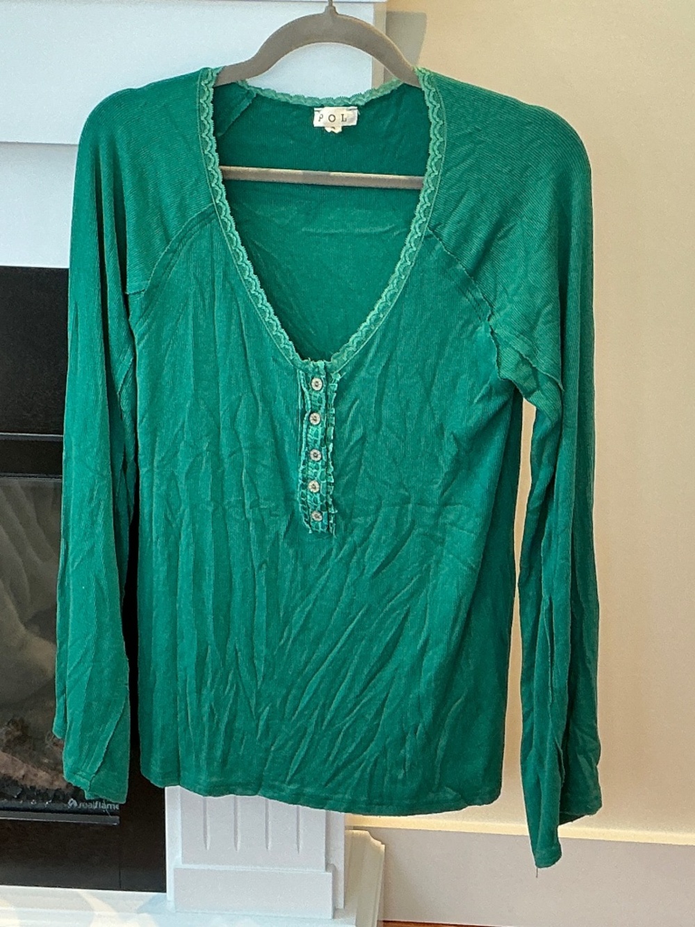 New POL Long Sleeve 5 Button Henley Shirt with Lace Trim & Bell Sleeves